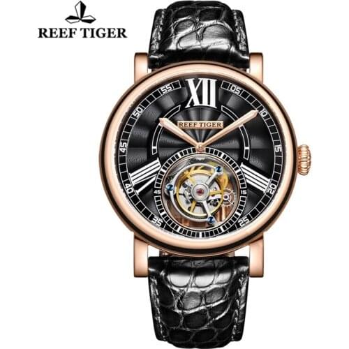 Reef Tiger/RT 2021 AAA+++ Real Tourbillon Watches Luxury Men Alligator Strap Mechanical Watches Waterproof Clock