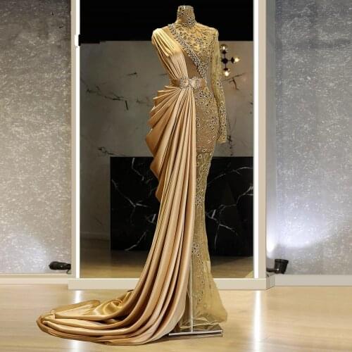 Luxury Dubai Beaded Mermaid Prom Dresses High Neck Long Sleeves Gold Lace Plus Size Formal Evening Prom Gowns For African Women