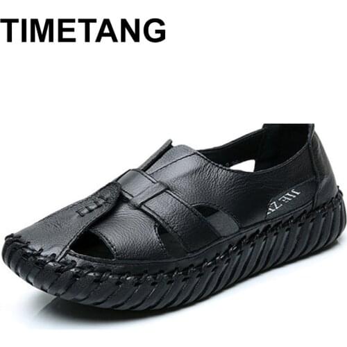 TIMETANG Sandals Women 2020 Summer Genuine Leather Handmade Ladies Shoe Leather Sandals for Women Flat Shoes Retro Style Mother
