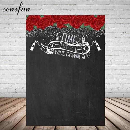 Sensfun Red Rose Flowers Valentines Day Party Backdrop For Photo Studio Time To Wine Down Birthday Party Backgrounds 5x7FT