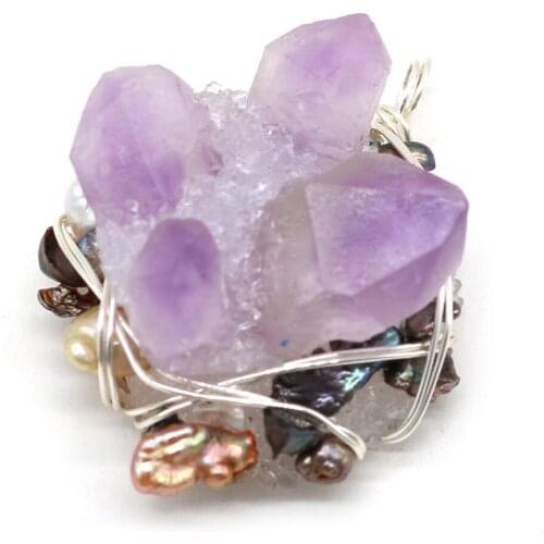 Natural Gemstone Amethyst Accompanied By Pearl Winding Silver Pendant DIY Necklace Sweater Chain Jewelry Accessories Gift Making