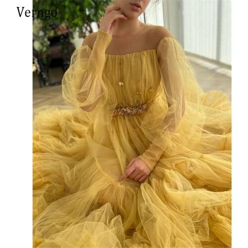 Verngo 2021 Newest Retro Yellow Tulle Prom Dresses Puff Long Sleeves Sheer O-Neck Crystal Sash Floor Length Evening Gowns Custom