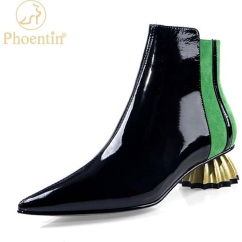 Phoentin Womens Mixed Color Ankle Boots 2021 Winter Concise Pointed Toe Genuine Leather shoes Ladies Short Boot size 43 FT1674