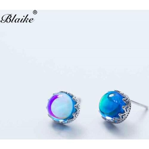 Blaike Real s925 Sterling Silver Round Stud Earrings For Women Gradient Blue Rainbow Stone Crown Earrings Female Wedding Studs