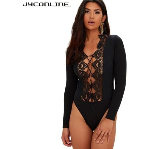 JYConline 2017 Lace Sexy Bodysuit Women Jumpsuit Long Sleeve Slim Body Top Skinny Hot Party Bodysuit Combinaison Shorts Overalls