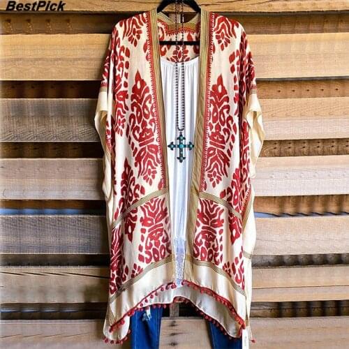 2021 Summer Women Chiffon Beach Cardigan Casual Vintage Floral Printed Cover Up Swimwear Long Blouse Shirts Female Tops