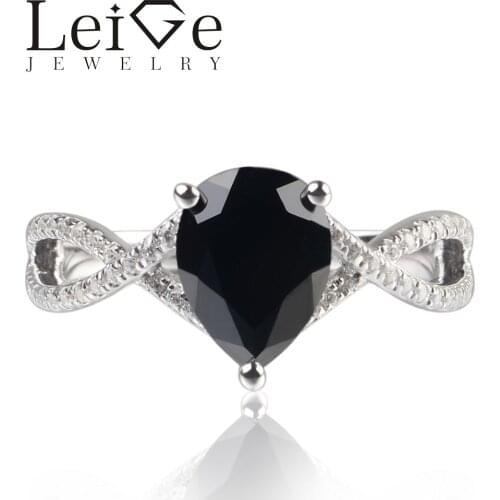 Leige Jewelry Natural Black Spinel Pear Cut Gemstone Prong Setting Ring Engagement Ring For Woman 925 Sterling Silver