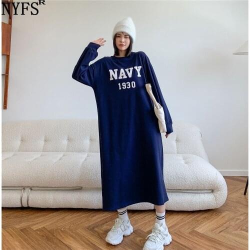 NYFS Korean Hoodie Dress 2021 New Long Sleeve Woman Dress Vestidos Robe Elbise Autumn Winter Letter Print Split fork Dresses
