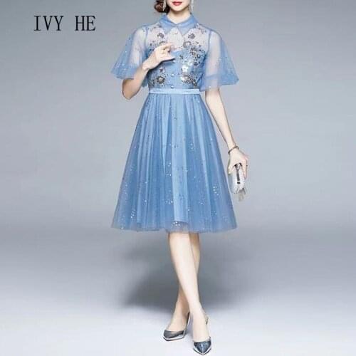 IVY HE High Quality Summer Dress Woman Clothing Sky Blue Mesh Sequins Banquet Midi Long Dress Traf Robe ZA Vintage Party Dresses