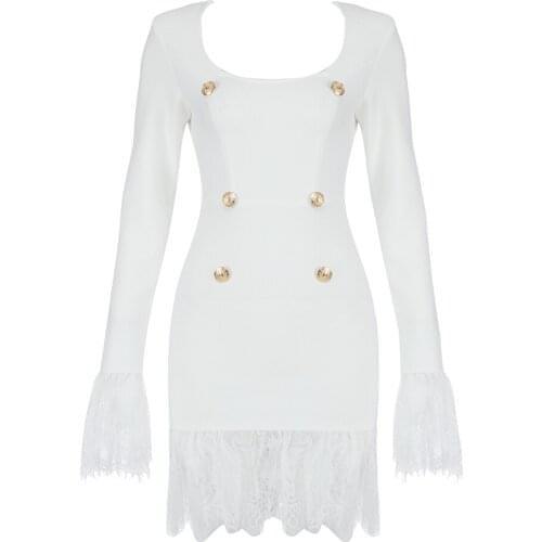 2021 New Bandage Dress Sexy Women White Lace Button Elegant Summer Autumn Dress Party Club Celebrity Mini Clothing