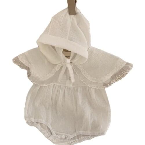 2021 Princess Baby Girls Summer Clothing 2PCS Newborn Kids Lace Turn-down Collar Romper+Hat Infant Jumpsuits Solid White Outfits