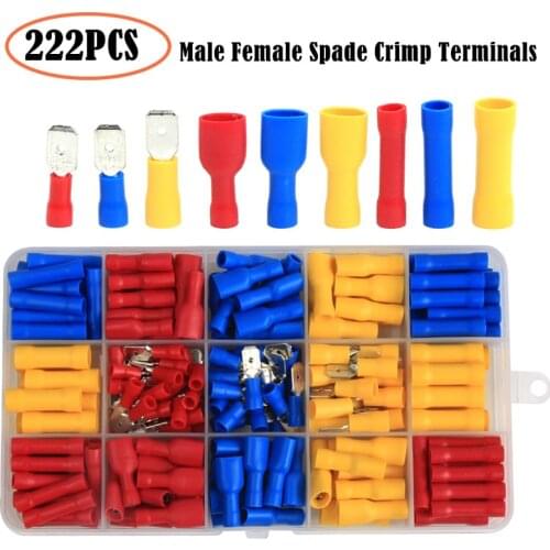 222PCS Fully Insulated Electrical Wire Butt Connectors Male Female Spade Crimping Terminals Seal 0.5-6.0mm2 Assortment Kit