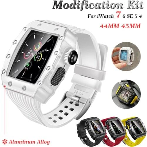 44mm Metal Watch Case+Strap for Apple Watch 6 5 4 Silicone Watch Band for iWatch Series SE Aluminum Alloy Case Modification Kit