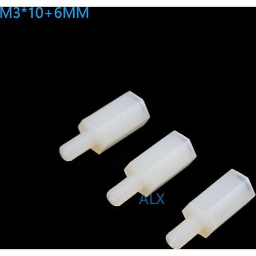 50PCS M3*10+6MM Hex head nylon Spacing Screw Threaded Pillar PCB STANDOFF SPACER M3 10+6MM Hexagonal Stud Spacer 10+6 10MM