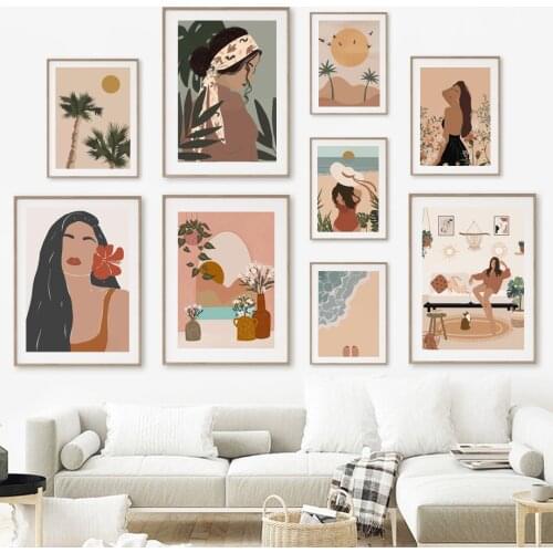 Abstract Girl Beach Tropical Plants Wall Art Canvas Painting Nordic Style Posters And Prints Wall Picture For Living Room Decor