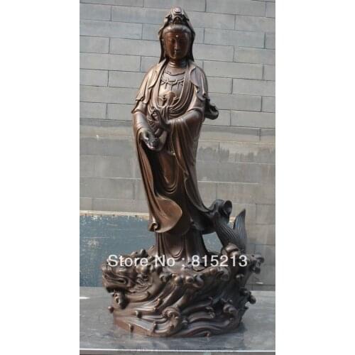 Bi00592 26" Chinese Buddhism Bronze Kwan- Yin Guan Yin Ride Dragon Fish Goddess Statue