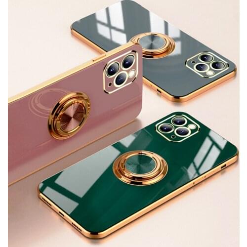 For iPhone 11 12 Pro Max Case Electroplated Ultra Thin Ring Back Holder Grip Stand Cover for iPhone 7 8 Plus X XR XS Max