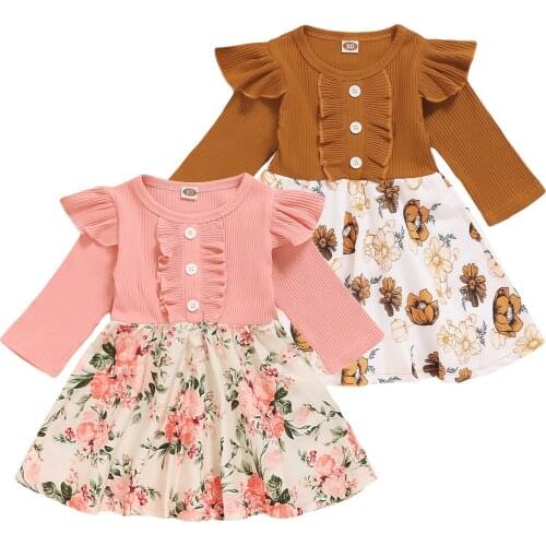 Citgeett Spring Autumn Baby Girls Dress Brown/Pink Long Sleeve Flare Decorative Flower Print Outfit Patchwork Clothes
