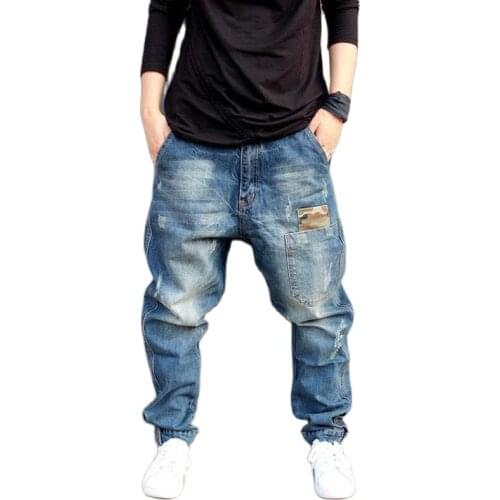 Camouflage Patchwork Harem Jeans Men Casual Loose Baggy Denim Pants Hip Hop Joggers Pants Blue Trousers Man Clothes Plus Size