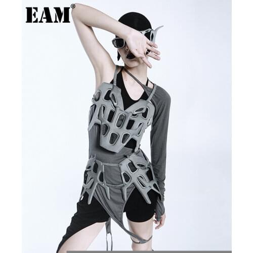 [EAM] Half-body Skirt Gray Hollow Out Two Pieces Suit New Sleeveless Gray Loose Women Fashion Tide Spring Summer 2021 1DE1510