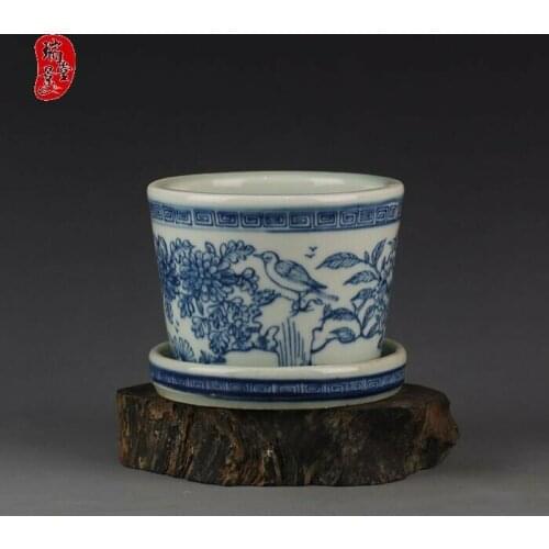 3.9" Old Antique Porcelain kiln Blue and white Flowers bird pattern Flowerpot