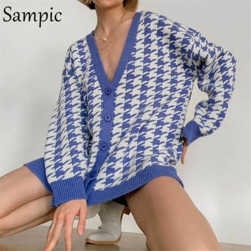 Sampic Cardigans Loose Women Knitted Long Sleeve V Neck Houndstooth Cardigans Sweater Casual Winter Black Jacket Coat Tops 2021