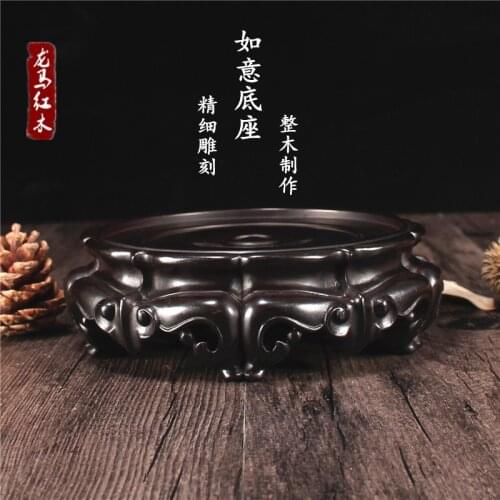 Red wood carving handicraft incense burner vase base solid wooden circular penjing jade stone base of ceramic furnishing article