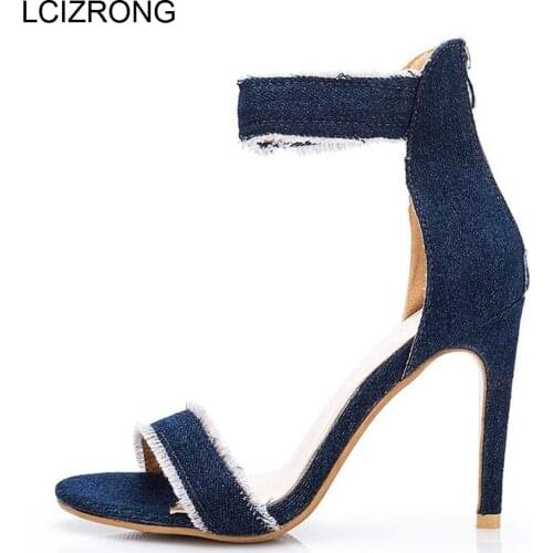 LCIZRONG Summer Fashion Denim 10CM High Heel Sandals Women Sexy Fringe Ladies Thin Heels Non-slip Classic High Quality Sandals