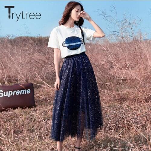 Trytree Summer Women Romantic two piece set Casual Planet Sequin tops + skirt Elastic Waist Pleated skirt Suit Set 2 Piece Set