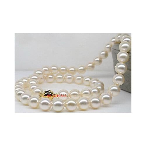 Hot sale Women Bridal Wedding Jewelry round AAAAA Luster 17"9-10 mm REAL NATURAL south sea white pearl necklace