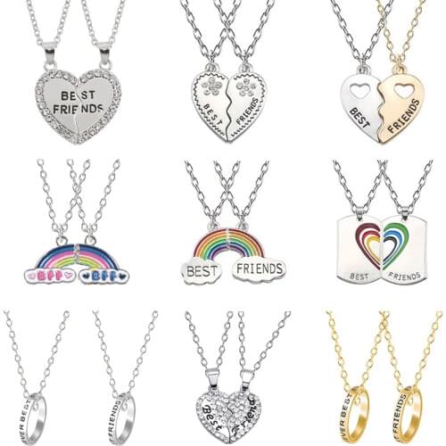 Hot Fashion Best Friend Necklace Heart-shaped Rhinestone Pendant BFF Good Friend Metal Necklace Rainbow Friendship Jewelry Gift