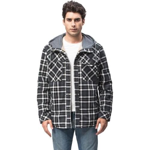 2021 New Euro Size Plaid Mens Long Sleeve Shirt Fleece Large Size Warm Cotton Jacket with Hat Heavy Coat Men