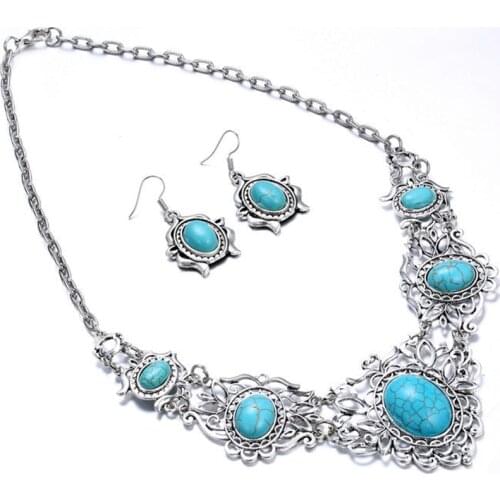 Ethnic Style Silver Plated Decorative Pattern Pendant Necklace Drop Earrings Green Turquoises Stone Jewelry Sets