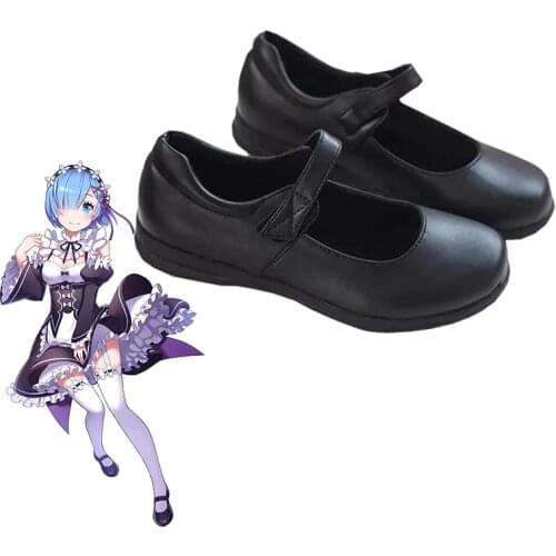 Re:Zero kara Hajimeru Isekai Seikatsu Ram Rem Cosplay Shoes Japanese School JK Shoes Black Leather Flat Low Heel Shoes