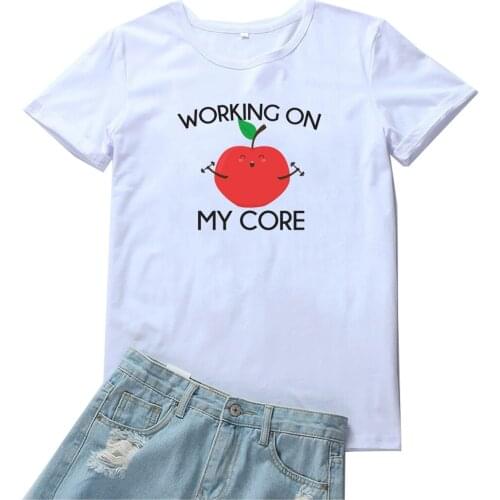 Working on My Core Tshirt Women Kawaii Apple Graphics Women T Shirts Cotton Fruit Printing Tops Tee Shirt Women Streetwear