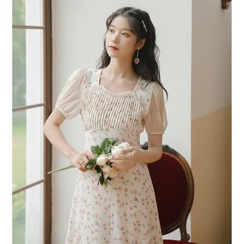 SWEETXUE Romantic Vintage Floral Sress Womens Fashion Casual Vacation Wlegant Pleated Long Korean Chic Dress Female