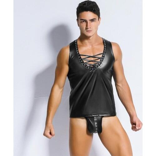 Sexy Men Shiny Lace Bandage PU Leather Vest Punk Wear with G-string Leather Rivets Shorts Fetish DS Nightclub Exotic Tank Tops