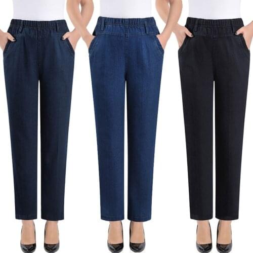 Makuluya old female All-Match Loose Denim Cotton trousers middle-aged lady jeans old elastic waist big code cowboy pants mother
