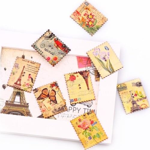 High Quality Colorful 30PCS 30*38MM Vintage Style TowerHouse Stamp Wood Buttons 2 Holes Stamp Shape Pattern At Randomly