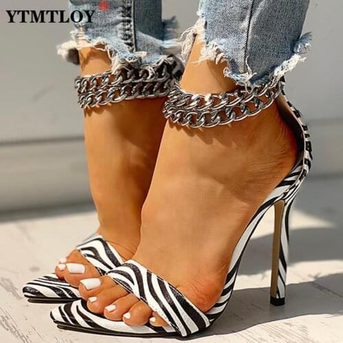 New Women Office Pumps Metal Decoration Chain Buckled Open Toe Thin Heels Sandals Leopard Chain Buckled Fashion Stylish Shoes
