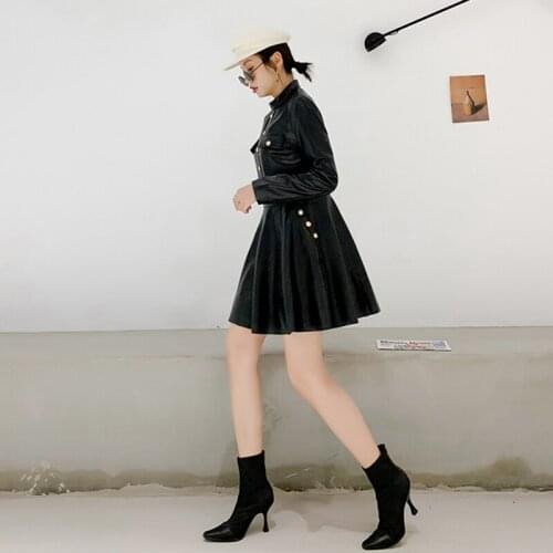 2020 Autumn Women Real Big Swing Dress Long Sleeve Sheepskin Genuine Leather Casual Party Mini Dresses Ladies Streetwear