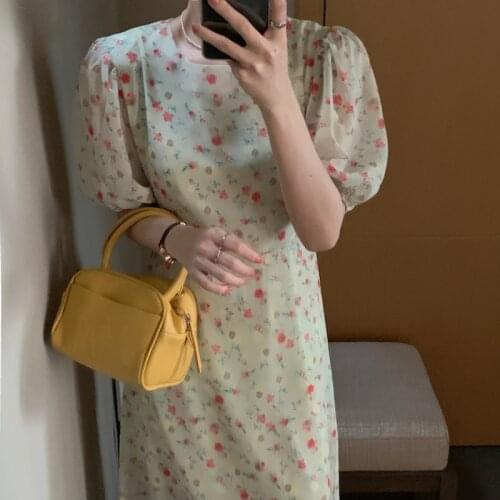 2021 New Women Sweet Summer Long Chiffon Floral Dress Sashes Puff Sleeve Slim Fit Pullover Maxi Sundress