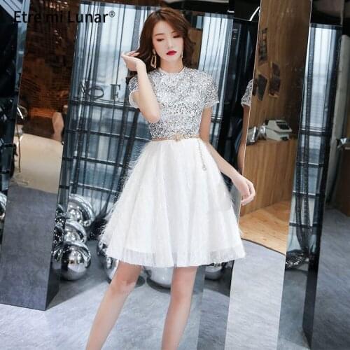 2021 Sparkly High Neck A-Line Evening Dress Maxi Elegant White Long Sleeves Sequin Evening Gown Robe de soiree Real Photo LE4059
