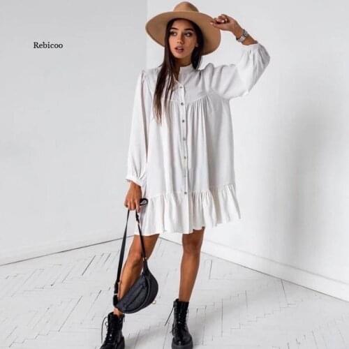 Women Dress Vintage Ruffled Front Button A-Line Dress Long Sleeve Stand Collar Solid Elegant Casual Mini Dress Autumn New Dress