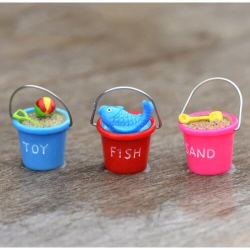 ZOCDOU 1 Piece Mini Happy Summer Seaside Beach Bucket Toy Fish Sand Bucket Ornament Small Statue Little Figurine Crafts Deco