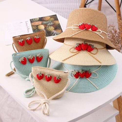 2pcs set Kids baby outdoor cartoon hat and bags Summer child girl holiday casual beach straw hat Sun cap Panama gorros