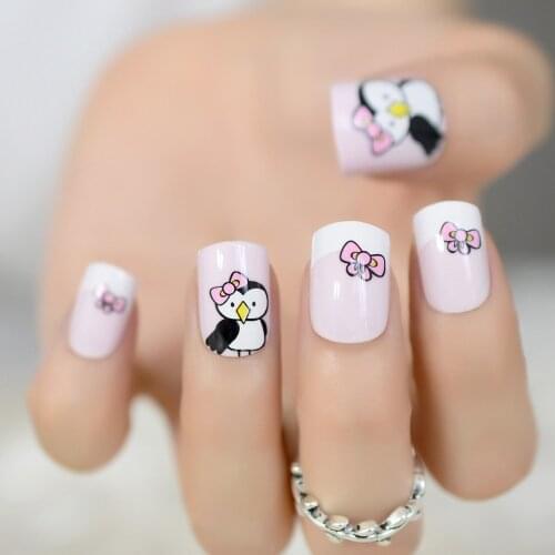 24 Cute Fake Nails Little Bird Bownot Pattern Pink French Nail Square Artificial Nails