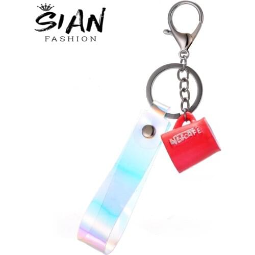 SIAN Simulation Coffee Cup Creative Design Key Chain Discoloration Laser Lanyard for Man Women Jewelry Fashion Accessories Gifts