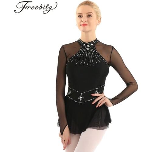 Shiny Rhinestones Long Sleeve Mesh Splice Ballet Gymnastics Leotard Women Figure Ice Skating Dress Competition Dance Costume