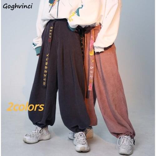 Casual Pants Women Embroidery Sashes Chinese Style Corduroy Trousers Womens Retro Ins Fall Banded Chin Bottoms Female Streetwear